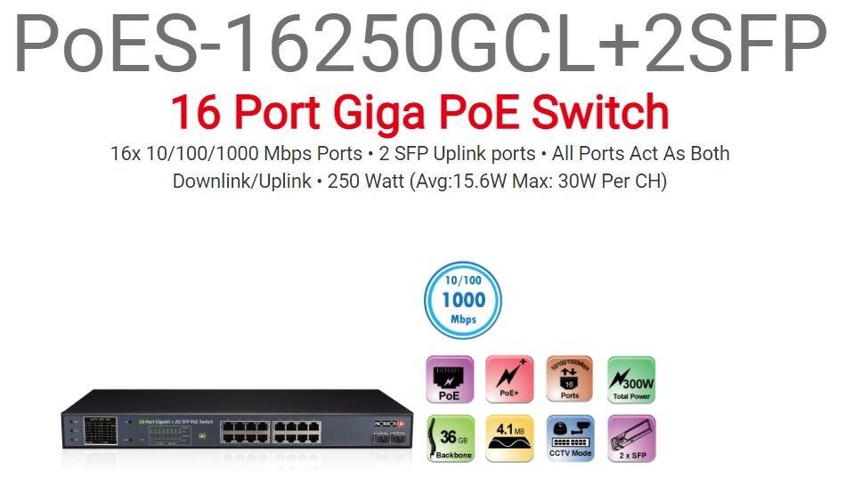 מתג Provision 16 PORT Giga full POE Switch avg 15.6W Max 30W