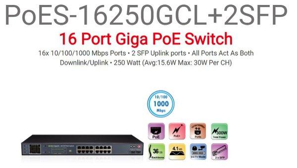 מתג Provision 16 PORT Giga full POE Switch avg 15.6W Max 30W