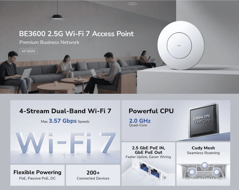 אקסס פוינט CUDY BE3600 2.5G WI-FI 7 POE 2.5GB Lan 3570Mbps MESH